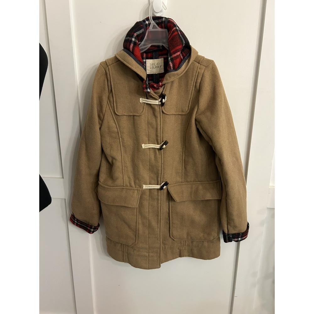 Vintage 70s Tan Hooded Duffle Coat Red Plaid Lined Big Pockets Sz S